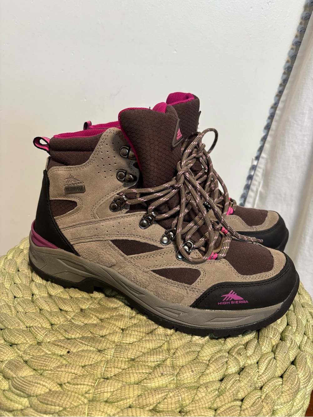 NEW High Sierra High Top Waterproof Hiking Boots - Taupe  Pink Accents Size 10 - Picture 2 of 7
